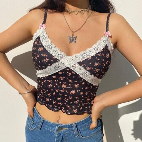 Women Y2K Crop Cami Top Sexy Sleeveless V Neck Lace Trim Camisole Bow Patchwork Floral Print Slim Fit Camisole Tops For Women