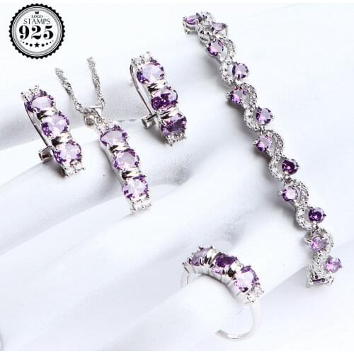 Bridal Purple Zircon Silver 925 Jewelry Sets Women Costume Wedding Jewelry Necklace Pendant Ring Earrings Bracelet Set Gifts Box