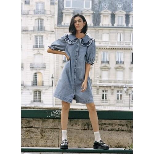 Women Dress 2021 Summer New Product Thin and Comfortable Doll Collar Pleated Cuff Denim Dress