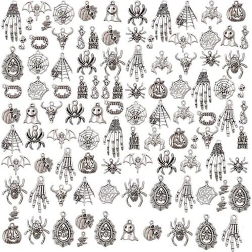 100Pcs/set Halloween Charms Skull Skeleton Hand Spider Bat Ghost Witch Pendants DIY Halloween Jewelry Making