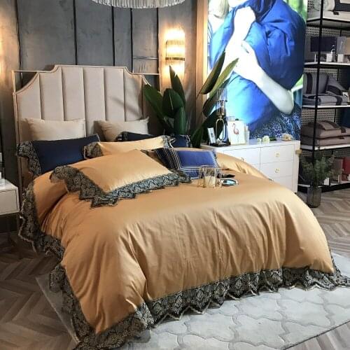Noble 100S Egyptian cotton Tencel Silky Bedding set Khaki Queen King Luxury Lace Edge Royal Duvet cover Bed sheet set Europe 4pc