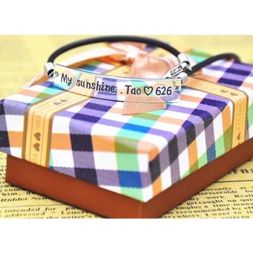 Solid Silver Engraved Words Bracelet Leather Chain Hand Stamp Custom Name Quote Personal Design Jewelry