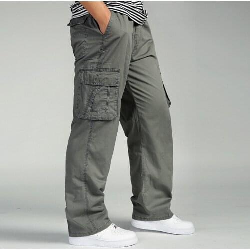 Mens Casual Trousers Cotton Overalls Elastic Waist Full Len Multi-pocket Plus Fertilizer XL Mens Clothing Big Size Cargo Pants