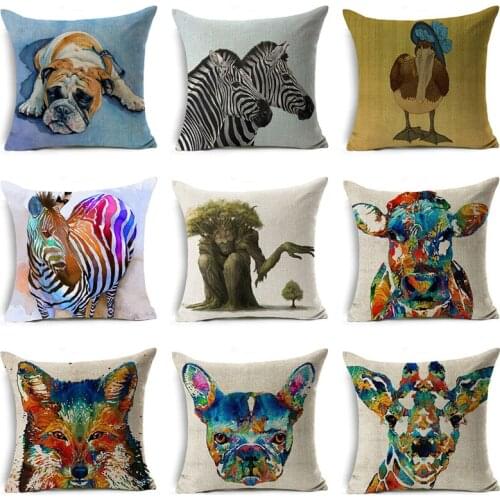 Animal Dog Cow Cushion Cover 45*45 cm Oil Throw Cotton Linen Pillow Case Sofa Art Painting Home Sofa Decoration