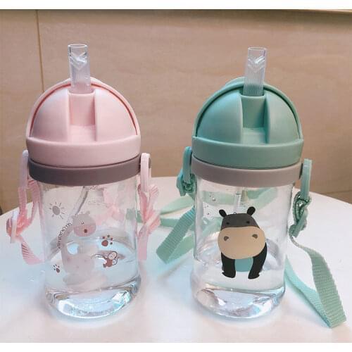 Kids Children Cartoon Animal School Drinking Water Straw Bottle Gravity Ball Straw Baby Cup with Shoulder Strap Water Bottle