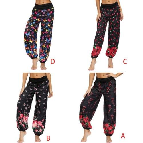 Women Hippie Baggy Pants Bohemian Floral Butterfly Digital Print Harem Trouser Elastic Waist Sport Loose Loungewear