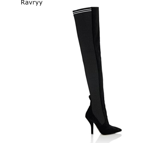 Elastic Knitting Black Long Boots Patch Work over-the-knee Boots female model party show shoes Pointed Toe Autumn Winter Fashion