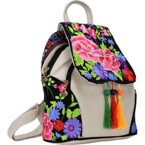 Retro Woman Canvas Backpack Female Linen Vintage Embroidered Shoulder Bag Handmade Small Rucksack Student School Bags Mochila