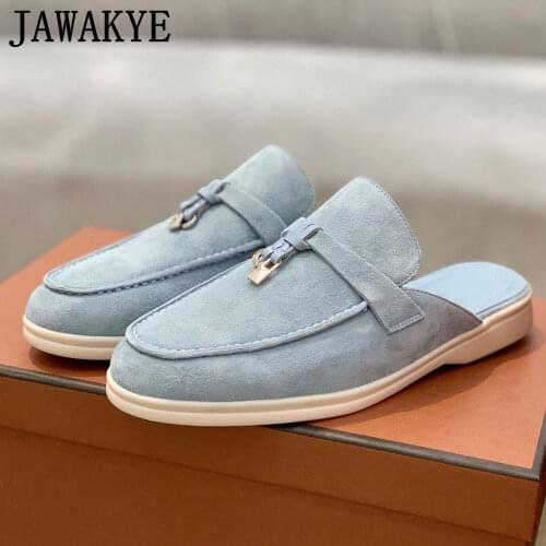 JAWAKYE Lock Decor Half Slippers Women Outdoor Mules Suede Platform Closed Toe Flat Slides Comfort Casual Dress Slingback Loafer