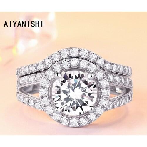 AIYANISHI 925 Sterling Silver Wedding Ring Sets Round Halo Finger Ring Set for Women Silver Engagement Bridal Band Ring Jewelry