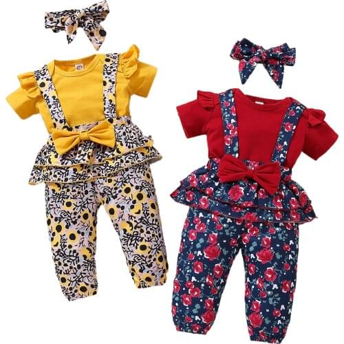 FOCUSNORM Newborn Baby Girl Clothes Sets Short Sleeve Romper Tops Floral Bow Long Pant Headband 3PCS