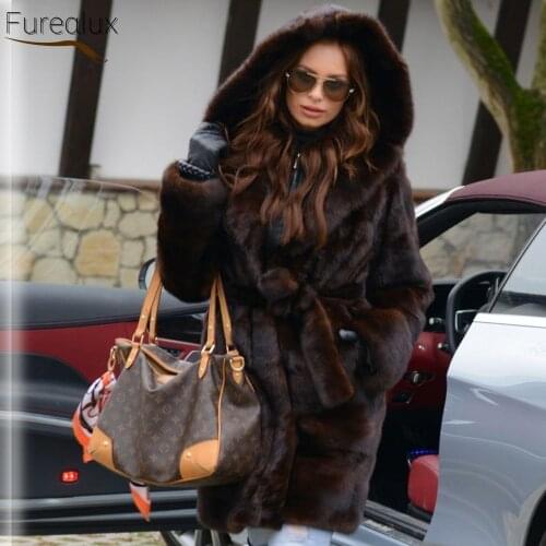 FUREALUX Popular Real Mink Coat With Hood Thick Handmade Natural Fur Long Warmth Fashion Light Luxury Winter Womens Cloak