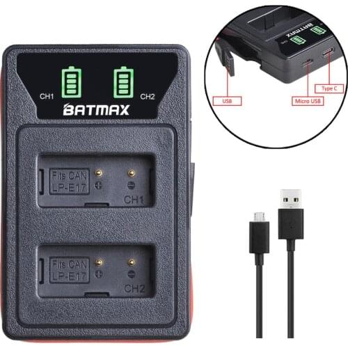 Batmax LP-E17 LPE17 New LED Dual USB Charger with Type C Port &USB Cable for Canon EOS 200D M3 M6 750D 760D T6s 800D 8000D
