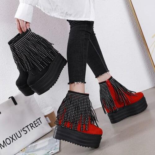 Fashion new 13cm sponge cake platform high heels show tassel boots inner heightening wedge heel short boots women