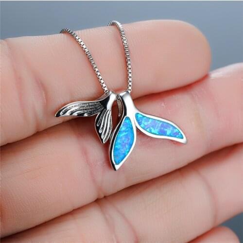 Luxury Women Blue Fire Opal Pendant Necklace Silver Color Chain Necklaces For Women Cute Mermaid Tail Wedding Necklace Gift