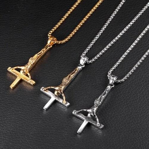 Inverted Cross Pendant Jesus Mens Necklaces Stainless Steel Catholicism Religious Amulet Male Jewelry 24Inch Chain