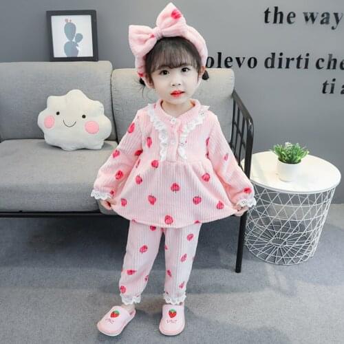 Toddler Pajamas Strawberry Pattern Pajama Sets Thick Warm Girls Boys Sleepwear Long Sleeve Children Home Clothes For Kids