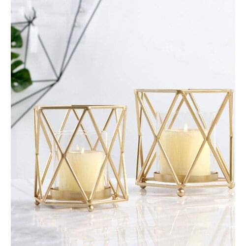 Candlestick Geometric Iron Candle Holder with Windproof Glass Cup Desktop Ornament Decoration for Home Party Festival