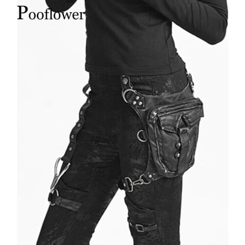 Pooflower Vintage Steampunk Women Men Waist Bag Gothic PU Leather Fanny Packs Motorcycle Bags Phone Pouch Crossbody Bags ZH084