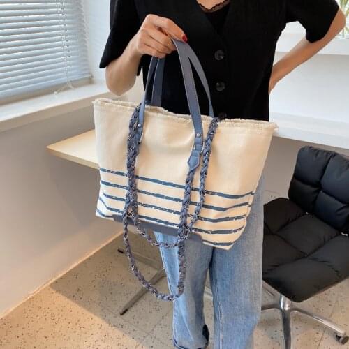 Casual Stripe Canvas Tote Handbag Brand Big Fabric Shopper Bags for Women Simple Large Capacity Chains Shoulder Bag 2021 Purses