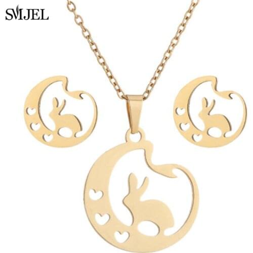 Cartoon Rabbit Pendant Necklace for Women Girls Animal Stainless Steel Jewelry Children Moon Star Fairy Volleyball Choker Gift