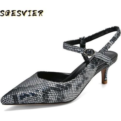 SGESVIER Womens genuine leather ankle strap thin heel sandals pointed toe elegant ladies summer dress pumps shoes for women