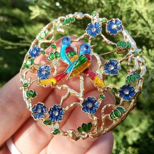 Lover Double Birds Wreath Brooches for Women Drop Oil Enamel Couple Brooch Parrots Brooch Pin Rhinestone Animal Jewelry