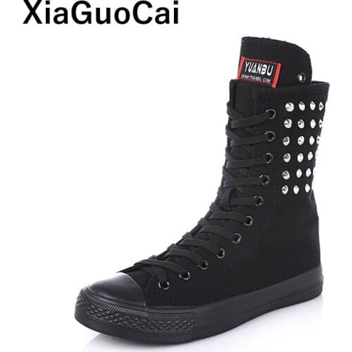 Woman Boots Mid-Calf Spring Autumn Female Canvas Shoes High Top Big Size Black White Rivet Ladies Footwear Hot Sale Fashion
