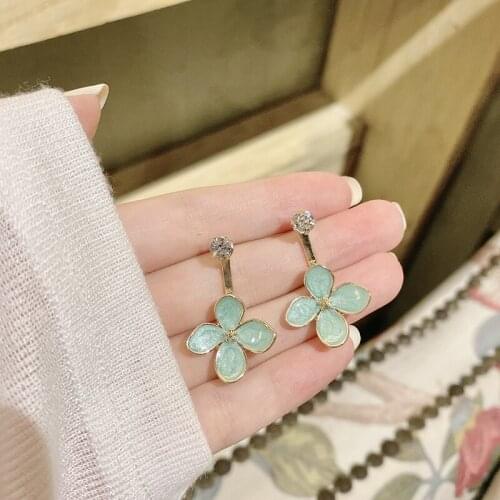 2021 New Dangle Earrings For Women Resin Metal Long Green Sweet Flower Earrings Fashion Rhinestone Statement Jewelry Wholesale