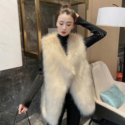 2021 Autumn Winter Women Furry Thick Warm Faux Fox Fur Vest Lady Sleeveless V-Neck Fur Vest Female Casual Loose Waistcoat T155