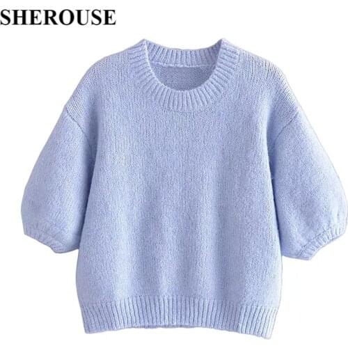 SHEROUSE Fashion Women Knit Sweater Top Short Sleeves O-Neck Casual Knitted sweaters Woman Pullover Tops