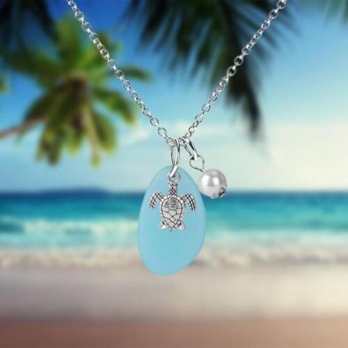 New Design Ocean Romance Sliver Chain Necklaces Blue Resin Stone Oval Pendants Necklace For Women Female Jewelry
