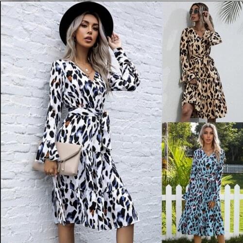 2021 Autumn New Ladies Dress Leopard Print V-neck Tie Waist Fashion Commuter Mid-length Woman Clothing Skirt WE450