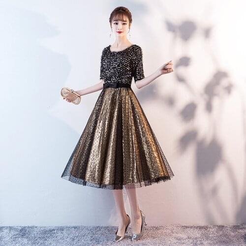 Prom Dress Black Gold Sequins Half Sleeve O-neck Women Party Dress Night Tea-length A-line Plus Size Vestidos De Gala