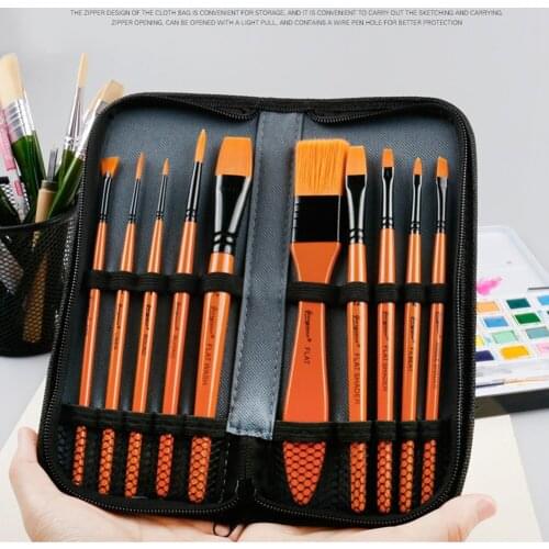 11 Pcs Multi-function Brushes Imported Nylon Hair Safety Paint Watercolor Oil Painting Acrylic Brushes with Cloth Bag Artist
