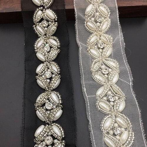 12Yards Handmade Sewing Pearl Beaded Rhinestone Lace Trim Mesh Ribbon Fabric For Garment Wedding Dress Decoration Accessories