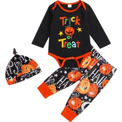 Halloween Clothes For Newborns Pumpkin Print Trick Treat Long Sleeve Romper Pants Hat 3Pcs Cotton Clothing Boys Festival 0-18M