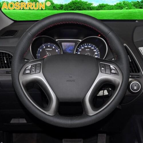 AOSRRUN Black Leather Hand-stitched Car Steering Wheel Cover for Hyundai ix35 Tucson 2 2011-2015 Car Accessories Styling