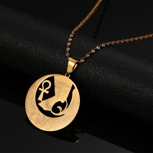 Stainless Steel Egyptian Queen Nefertiti Pendant Necklace Ankh Cross and Wings Design Antique Jewelry