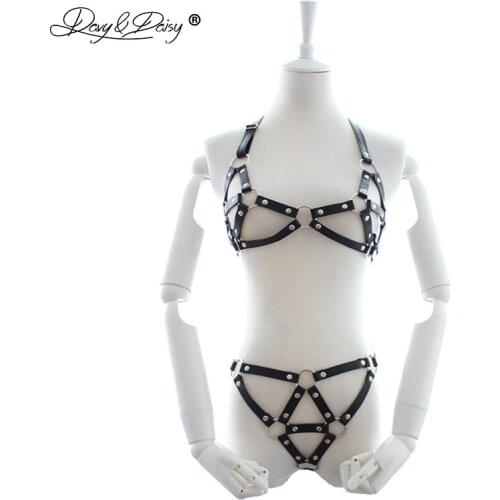 DAVYDAISY Women Sexy Bra PU Leather Open Bust Bralette Rivet Tops Adjustable Panties Thongs Sexy Lingerie Exotic Sets SE506