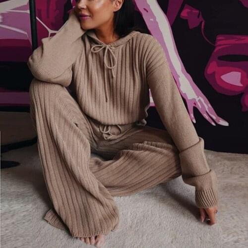 Women Suit Fashion Trend Ladies Autumn Knit 2 Piece Long Sleeve Loose Hooded Top High Waist Pants Suit Casual Wear