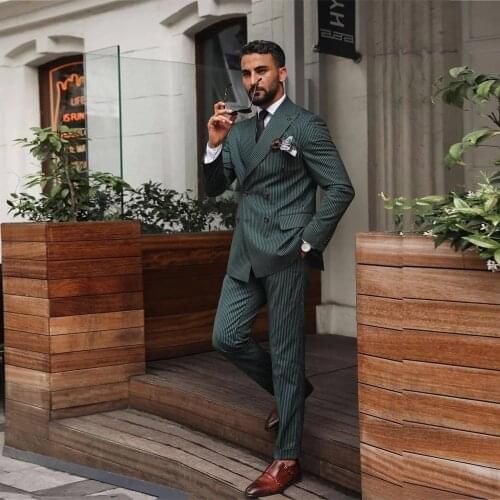 Handsome Formal Pinstripe Mens Suits Smoking Business Double Breasted Green Jacket With Pants Slim Fit Blazer Tuxedos Custmized