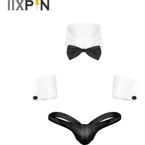 Men Erotic Sexy Roleplay Costume Waiter Tuxedo Lingerie Set Bikini G-string Thong Underwear Jockstraps Collar Cuffs Bracelets