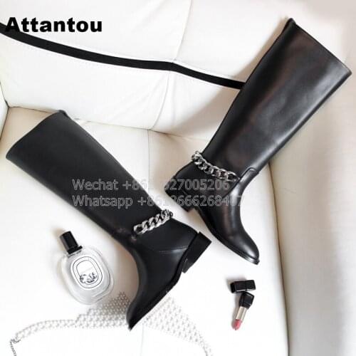 New Fashion Black PU Leather Knee High Boots Women Designer Metral Chains Flat Heel Long Boot
