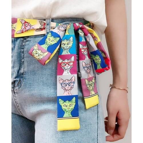 OMEA Multifunction Cartoon Cat Narrow Scarf Women Hair Scarf Headband Fashion Imitation Silk Four Seasons Belt Bag Decoration