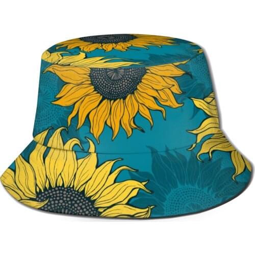 CINESSD Yellow Sunflowers Blue Unisex Casual Sun Hat Bucket Hat for Men Women Bob Hip Hop Caps Summer Fisherman Hat Panama