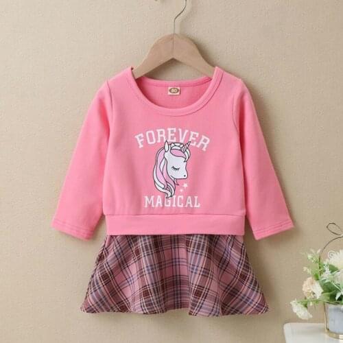 New Spring Fall Fake Two Baby Girl Dress Letter Lovely Cartoon Horse Long Sleeve Patchwork Plaid Skirt Casual Girl Dresses 0-18M