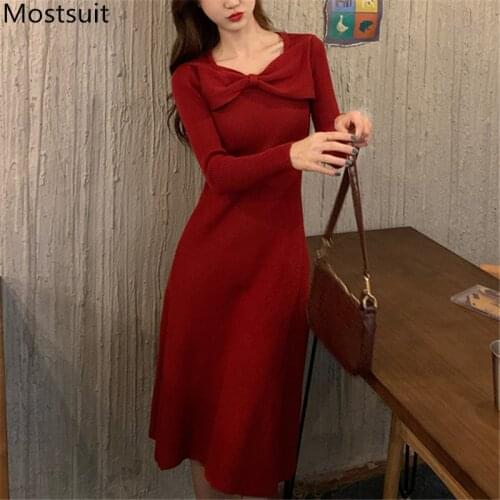 Plu Size Knitted Bow Sweater Dresss Women Full Sleeve Bow Collar Korean Elegant Dresses Fashion Ladies Vestidos Femme 2021 M-4xl