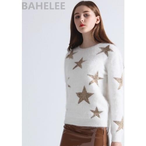 BAHTLEE Winter Womens Angora Pullovers Sweater O-Neck Long Sleeves Intarsia Suit Style Mink Cashmere Keep Warm Stars Pattern