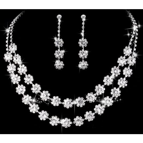 Temperament Woman Double Flower Rhinestone Zircon Necklace Earring Set Fashion Bridal Jewelry Banquet Prom Costume Accessories